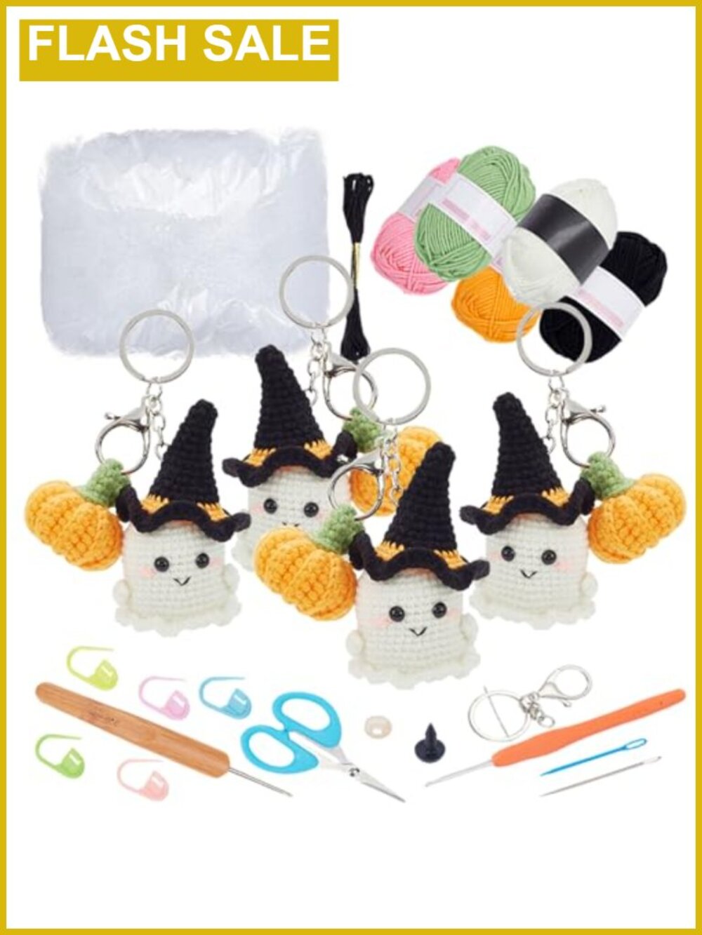 Crochet Kit for Beginners Halloween Ghost Pumpkin Amigurumi Keychain Set